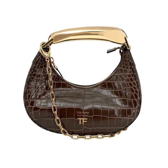 TOM FORD Calfskin Crocodile Embossed Mini Bianca Hobo Chestnut - Picture 1 of 13
